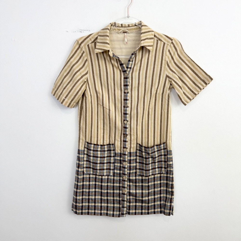 Free People Mixed Plaid & Stripe Button Front Shirt Dress XS